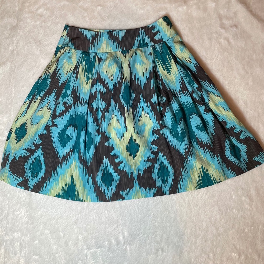 Context Silk Cotton Ikat Print A-Line Skirt Turquoise Green Grey Size 8 Mod - Picture 2 of 5